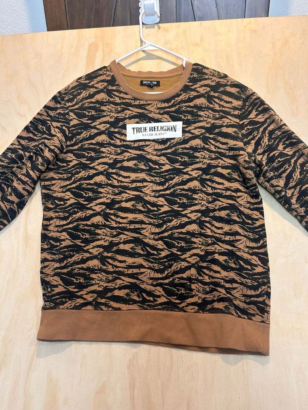 True Religion Brown Tiger Stripe Camouflage Fleece Pullover Sweatshirt Size XL